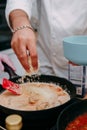 Cooking pasta with seafood in a cooking class. Italian pasta with seafood. Mussels, squid, shrimp Royalty Free Stock Photo