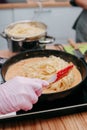 Cooking pasta with seafood in a cooking class. Italian pasta with seafood. Mussels, squid, shrimp Royalty Free Stock Photo