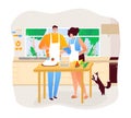 Cooking, people in kitchen, healthy food, woman preparing dinner, man, young cook, design cartoon style vector