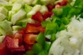 Cooking pepper, onion, cucumber and zucchini making healthy food with chopped vegetables. Fresh summery dinner. Summer