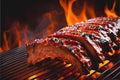 Cooking the perfect mouthwatering Texan BBQ and honey glazed baby back ribs on a flaming BBQ