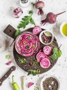 Cooking the pickled beets. Beets and spices on a rustic cutting board