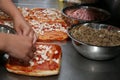 Cooking pizza chicken, mushrooms and sausage Royalty Free Stock Photo