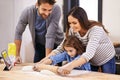 Cooking, pizza and family in kitchen with tablet for recipe, guide and mom and dad learning with child. Teaching, baking Royalty Free Stock Photo