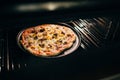 Cooking pizza at home. Details of fresh pizza in the oven Royalty Free Stock Photo