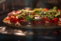 Cooking pizza in hot air oven, soft focus Royalty Free Stock Photo
