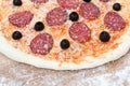 Cooking pizza, Italian food with guerrillas cheese, salami sausage Royalty Free Stock Photo