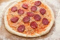 Cooking pizza, Italian food with guerrillas cheese, salami sausage Royalty Free Stock Photo