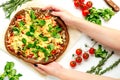 Cooking pizza with vegetables and cheese on white desk background top view Royalty Free Stock Photo