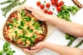 Cooking pizza with vegetables and cheese on white desk background top view Royalty Free Stock Photo