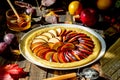Cooking plum apple pie. Raw pie. Dough. Recipes. Vegetarian food. Dark photo