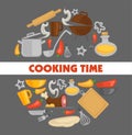 Cooking point poster with kitchenware and grill. Cutlery set