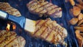 cooking pork loin chops on grill, barbecue, hot cast iron grate. close up. meat lubricate Dijon mustard