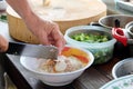 Cooking, Pork noodles with fish ball,hot and sour soup Royalty Free Stock Photo