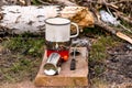 Cooking with portable gas stove in the open air Royalty Free Stock Photo