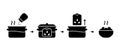 Cooking portion packaging of cereal, rice. Boil in bag silhouette instruction. Black outline icon of saucepan with boiling water,