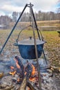 cooking in pot on campfire, camp cooking, hot food