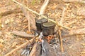 Cooking pot in campfire, Camping in forest