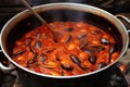 cooking pot full of steaming mussels in marinara sauce Royalty Free Stock Photo