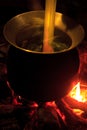 Cooking in a pot over campfire in the jungle of laos Royalty Free Stock Photo