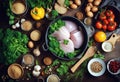 Cooking pot and various organic ingredients top view stock photoFood Backgrounds Table Cooking Vegetable Royalty Free Stock Photo