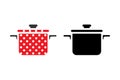 Cooking pot vector icon pictogram. Saucepan black and white, red with peas sign symbol silhouette.