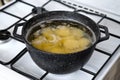 Cooking potato in a pot with boiling water on a gas stove Royalty Free Stock Photo