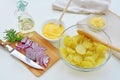Cooking potato salad with mayonnaise Royalty Free Stock Photo