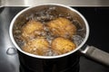 Cooking potatoes in boiling water in a stainless steel pot on the stove