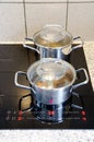 Cooking pots on a modern black glass-ceramic cooktop Royalty Free Stock Photo