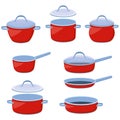 Cooking pots, saucepans and frying pans. Set of kitchen utensils for boiling and frying, vector illustration