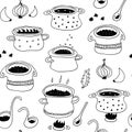 Cooking pots seamless pattern in doodle style