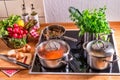 Cooking pots on the stove Royalty Free Stock Photo