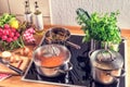 Cooking pots on the stove Royalty Free Stock Photo