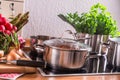 Cooking pots on the stove Royalty Free Stock Photo