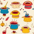 Cooking pots vector seamless pattern in doodle style