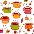 Cooking pots vector seamless pattern in doodle style