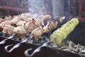 Cooking process Barbecue Summer grill Close up of roasted pork S Royalty Free Stock Photo