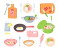 Cooking process. Cartoon kitchen tools and devices with chopped vegetables and meat in pots and pans. Vector set