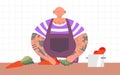 Cooking process with chef figures at the table. Color vector flat cartoon icon Royalty Free Stock Photo