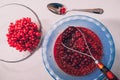 cooking process of rubbed red currant with sugar with fresh berries