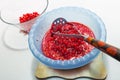 cooking process of rubbed red currant with sugar with fresh berries. juicy organic vegetarian homemade sweet