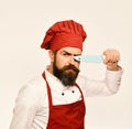 Cooking and professional culinary concept. Man with beard in cook uniform isolated on white background. Royalty Free Stock Photo