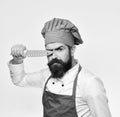 Cooking and professional culinary concept. Man with beard in cook uniform isolated on white background. Royalty Free Stock Photo