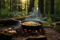 cooking rice in a cast iron pan over a campfire, surrounded by forest