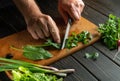 Cooking rumex salad on the restaurant kitchen table. The cook cuts rumex leaves on a cutting board