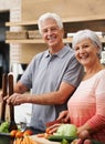 Cooking, salad and portrait of old couple in kitchen for health, love and nutrition. Happy, smile and retirement with Royalty Free Stock Photo