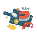 Cooking salmon steak,srimp ,shell vector cartoon top view illustration. Raw sea fish on wooden cutting board, spices and