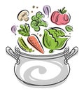 Cooking saucepan or kitchen pot. Kitchenware with and vegetables flying. Vector illustration