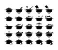 Cooking saucepans in the kitchen simple icons set. 25 vector symbols. Steam pots, gas, timer, cooking process.